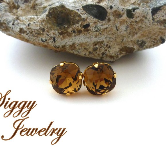 Smoked Topaz Cushion Cut Solitaire Stud Crystal Earrings, in 10mm Gold Finish - Picture 4 of 5